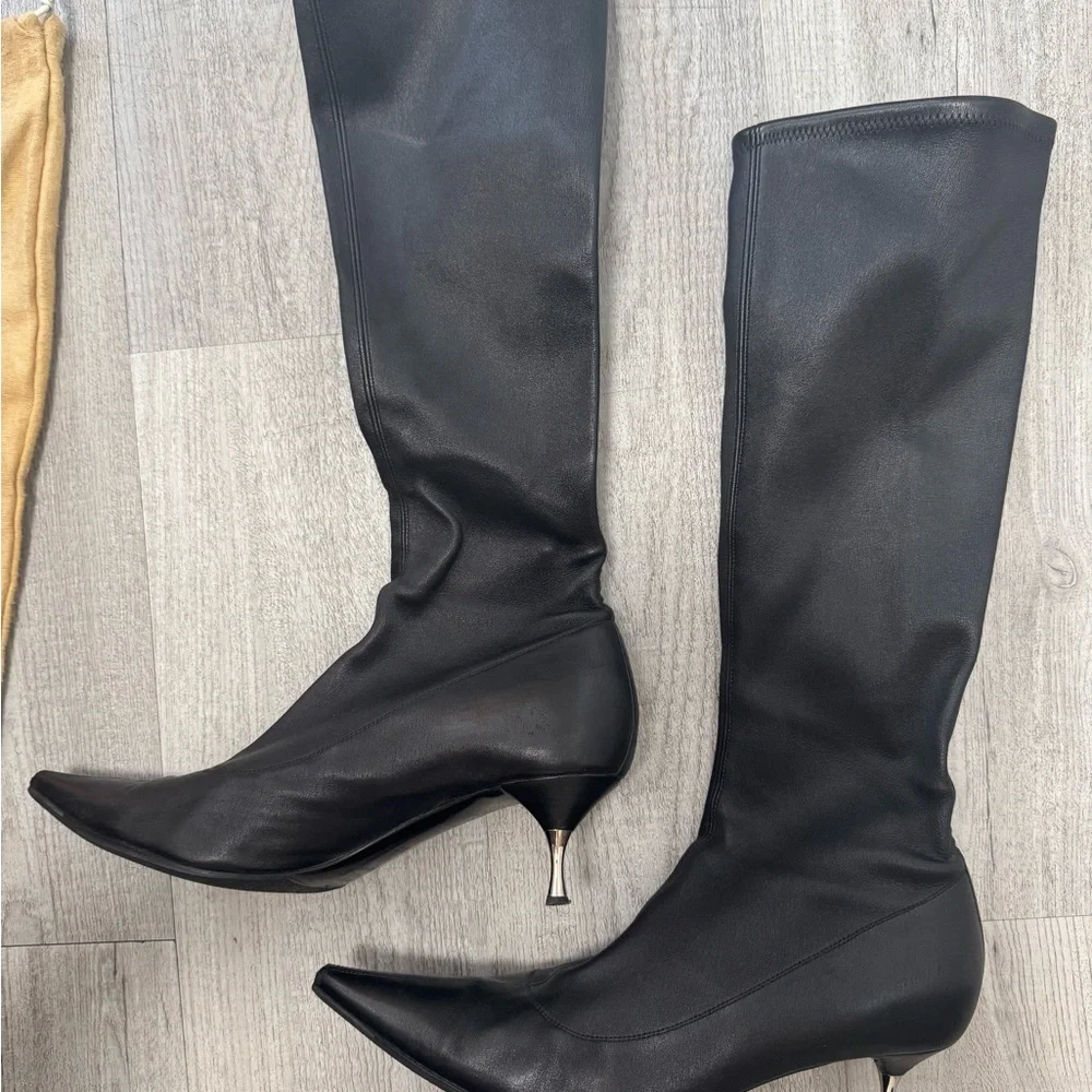 Sergio Rossi Black Stretch Leather Knee Boots 38.5 Pointed Toe Kitten Heel - Picture 2 of 9